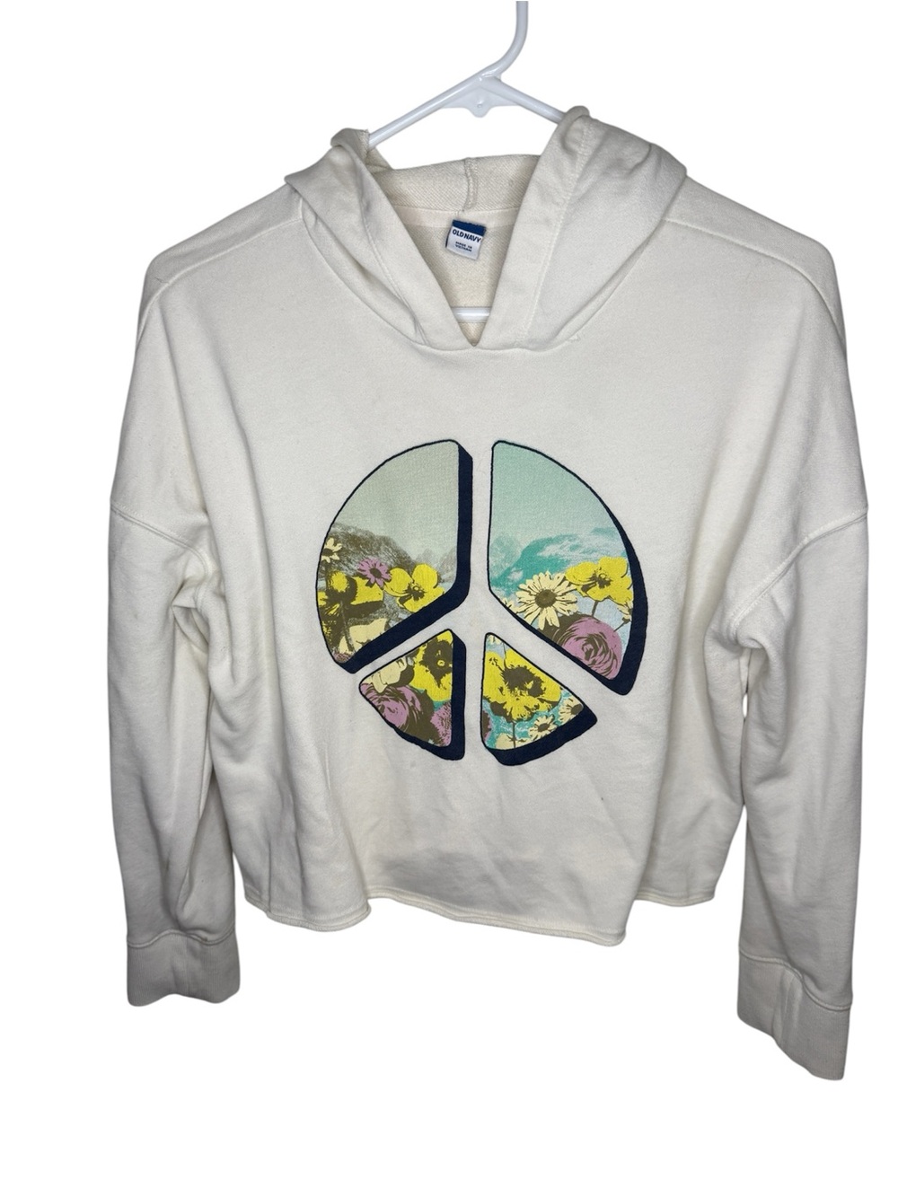Old Navy Cream Floral Peace Sign Cropped Hoodie Sweatshirt XL 14-16